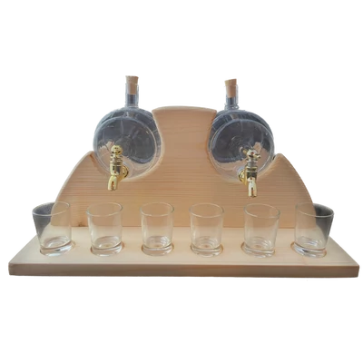 Pálinkás készlet ívelt natúr 2x05,L üveghordóval