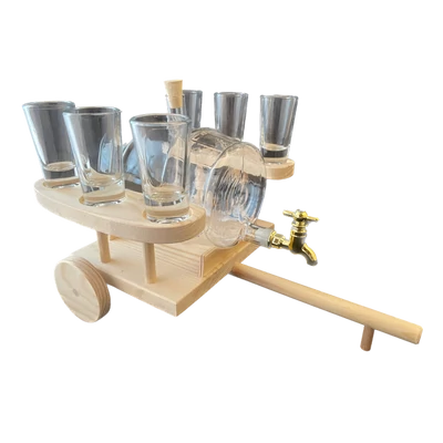 Pálinkás készlet szekér  üveghordóval natúr